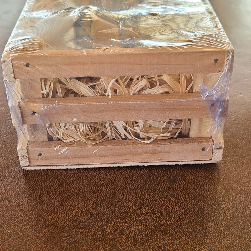New in box Ceramic snowman bell ornaments in a wooden crate Pier 1